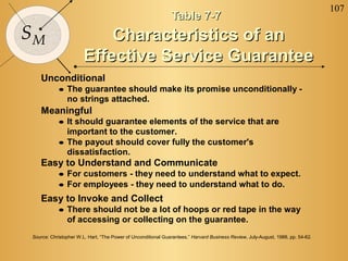 107
                                                              Table 7-7
SM                         Characteristics of an
                       Effective Service Guarantee
   Unconditional
           • The guarantee should make its promise unconditionally -
             no strings attached.
   Meaningful
           • It should guarantee elements of the service that are
             important to the customer.
           • The payout should cover fully the customer's
             dissatisfaction.
   Easy to Understand and Communicate
           • For customers - they need to understand what to expect.
           • For employees - they need to understand what to do.
   Easy to Invoke and Collect
           • There should not be a lot of hoops or red tape in the way
             of accessing or collecting on the guarantee.
Source: Christopher W.L. Hart, “The Power of Unconditional Guarantees,” Harvard Business Review, July-August, 1988, pp. 54-62.
 