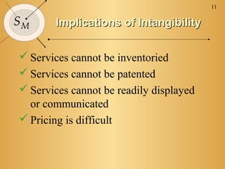 11

SM     Implications of Intangibility


 Services cannot be inventoried
 Services cannot be patented
 Services cannot be readily displayed
  or communicated
 Pricing is difficult
 