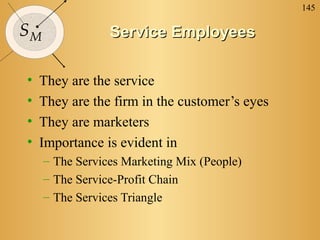 145

SM               Service Employees

•   They are the service
•   They are the firm in the customer’s eyes
•   They are marketers
•   Importance is evident in
     – The Services Marketing Mix (People)
     – The Service-Profit Chain
     – The Services Triangle
 
