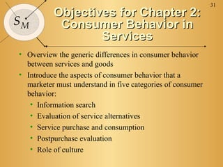 31
          Objectives for Chapter 2:
SM         Consumer Behavior in
                  Services
• Overview the generic differences in consumer behavior
  between services and goods
• Introduce the aspects of consumer behavior that a
  marketer must understand in five categories of consumer
  behavior:
   • Information search
   • Evaluation of service alternatives
   • Service purchase and consumption
   • Postpurchase evaluation
   • Role of culture
 