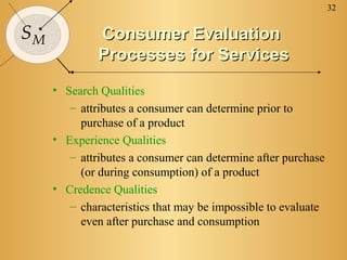 32


SM            Consumer Evaluation
              Processes for Services
     • Search Qualities
        – attributes a consumer can determine prior to
          purchase of a product
     • Experience Qualities
        – attributes a consumer can determine after purchase
          (or during consumption) of a product
     • Credence Qualities
        – characteristics that may be impossible to evaluate
          even after purchase and consumption
 