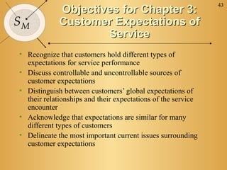 43
             Objectives for Chapter 3:
SM           Customer Expectations of
                     Service
• Recognize that customers hold different types of
  expectations for service performance
• Discuss controllable and uncontrollable sources of
  customer expectations
• Distinguish between customers’ global expectations of
  their relationships and their expectations of the service
  encounter
• Acknowledge that expectations are similar for many
  different types of customers
• Delineate the most important current issues surrounding
  customer expectations
 