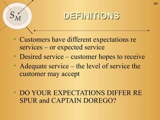 44


SM               DEFINITIONS

• Customers have different expectations re
  services – or expected service
• Desired service – customer hopes to receive
• Adequate service – the level of service the
  customer may accept

• DO YOUR EXPECTATIONS DIFFER RE
  SPUR and CAPTAIN DOREGO?
 