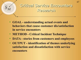 67
        Critical Service Encounters
SM
                  Research

 • GOAL - understanding actual events and
   behaviors that cause customer dis/satisfaction
   in service encounters
 • METHOD - Critical Incident Technique
 • DATA - stories from customers and employees
 • OUTPUT - identification of themes underlying
   satisfaction and dissatisfaction with service
   encounters
 