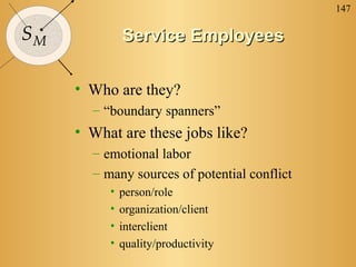 147
SM Service EmployeesService Employees
• Who are they?
– “boundary spanners”
• What are these jobs like?
– emotional labor
– many sources of potential conflict
• person/role
• organization/client
• interclient
• quality/productivity
 