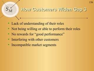 156
SM How Customers Widen Gap 3How Customers Widen Gap 3
• Lack of understanding of their roles
• Not being willing or able to perform their roles
• No rewards for “good performance”
• Interfering with other customers
• Incompatible market segments
 