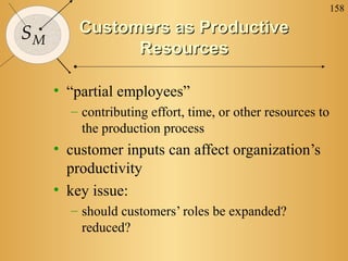 158
SM
Customers as ProductiveCustomers as Productive
ResourcesResources
• “partial employees”
– contributing effort, time, or other resources to
the production process
• customer inputs can affect organization’s
productivity
• key issue:
– should customers’ roles be expanded?
reduced?
 