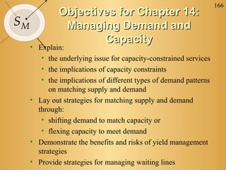 166
SM
Objectives for Chapter 14:Objectives for Chapter 14:
Managing Demand andManaging Demand and
CapacityCapacity
• Explain:
• the underlying issue for capacity-constrained services
• the implications of capacity constraints
• the implications of different types of demand patterns
on matching supply and demand
• Lay out strategies for matching supply and demand
through:
• shifting demand to match capacity or
• flexing capacity to meet demand
• Demonstrate the benefits and risks of yield management
strategies
• Provide strategies for managing waiting lines
 