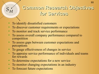 80
SM
Common Research ObjectivesCommon Research Objectives
for Servicesfor Services
• To identify dissatisfied customers
• To discover customer requirements or expectations
• To monitor and track service performance
• To assess overall company performance compared to
competition
• To assess gaps between customer expectations and
perceptions
• To gauge effectiveness of changes in service
• To appraise service performance of individuals and teams
for rewards
• To determine expectations for a new service
• To monitor changing expectations in an industry
• To forecast future expectations
 