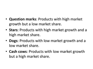 • Question marks: Products with high market
growth but a low market share.
• Stars: Products with high market growth and a
high market share.
• Dogs: Products with low market growth and a
low market share.
• Cash cows: Products with low market growth
but a high market share.
 