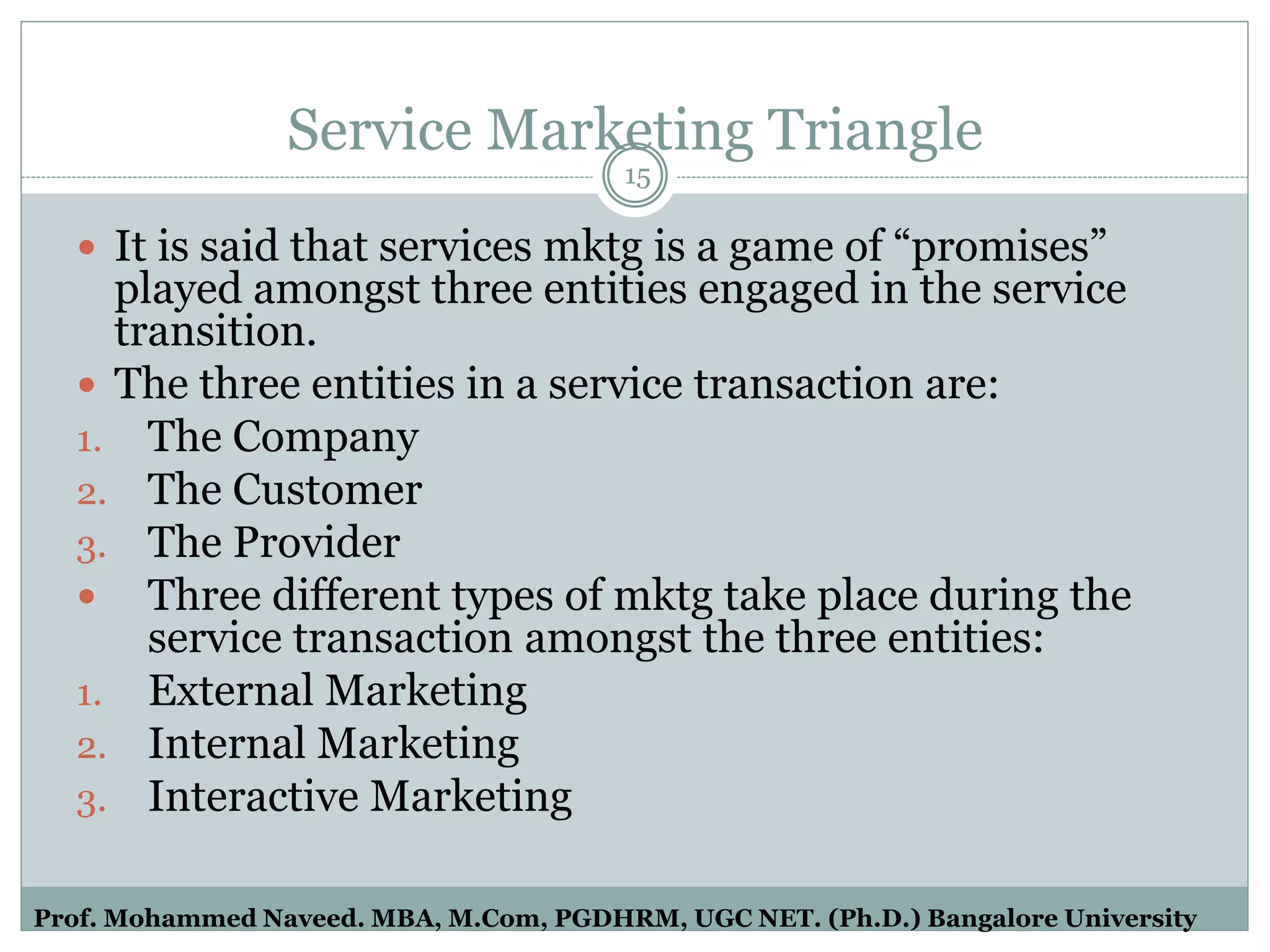 Service Marketing Triangle
 It is said that services mktg is a game of “promises”
played amongst three entities engaged in the service
transition.
 The three entities in a service transaction are:
1. The Company
2. The Customer
3. The Provider
 Three different types of mktg take place during the
service transaction amongst the three entities:
1. External Marketing
2. Internal Marketing
3. Interactive Marketing
15
Prof. Mohammed Naveed. MBA, M.Com, PGDHRM, UGC NET. (Ph.D.) Bangalore University
 
