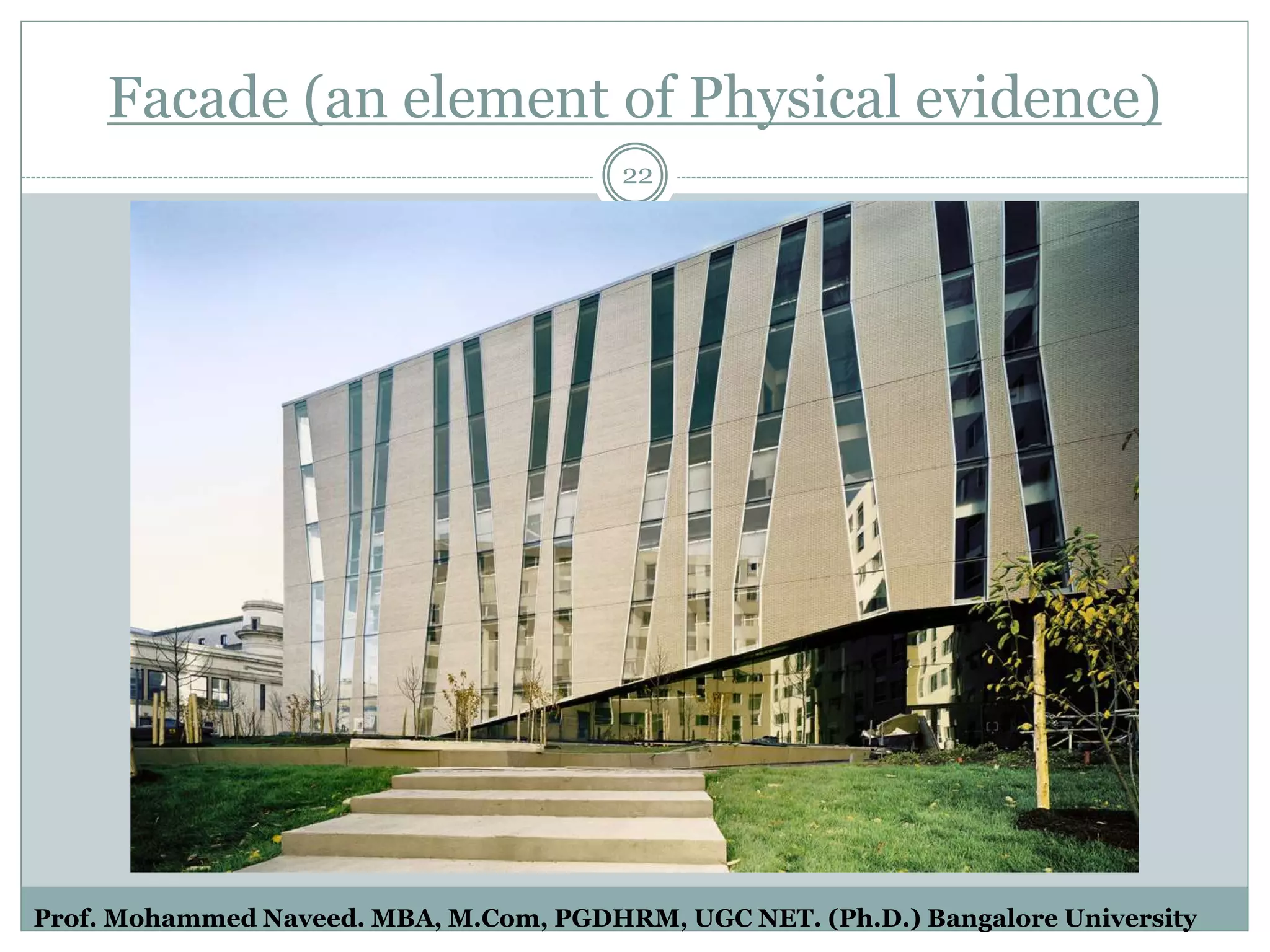 Facade (an element of Physical evidence)
22
Prof. Mohammed Naveed. MBA, M.Com, PGDHRM, UGC NET. (Ph.D.) Bangalore University
 