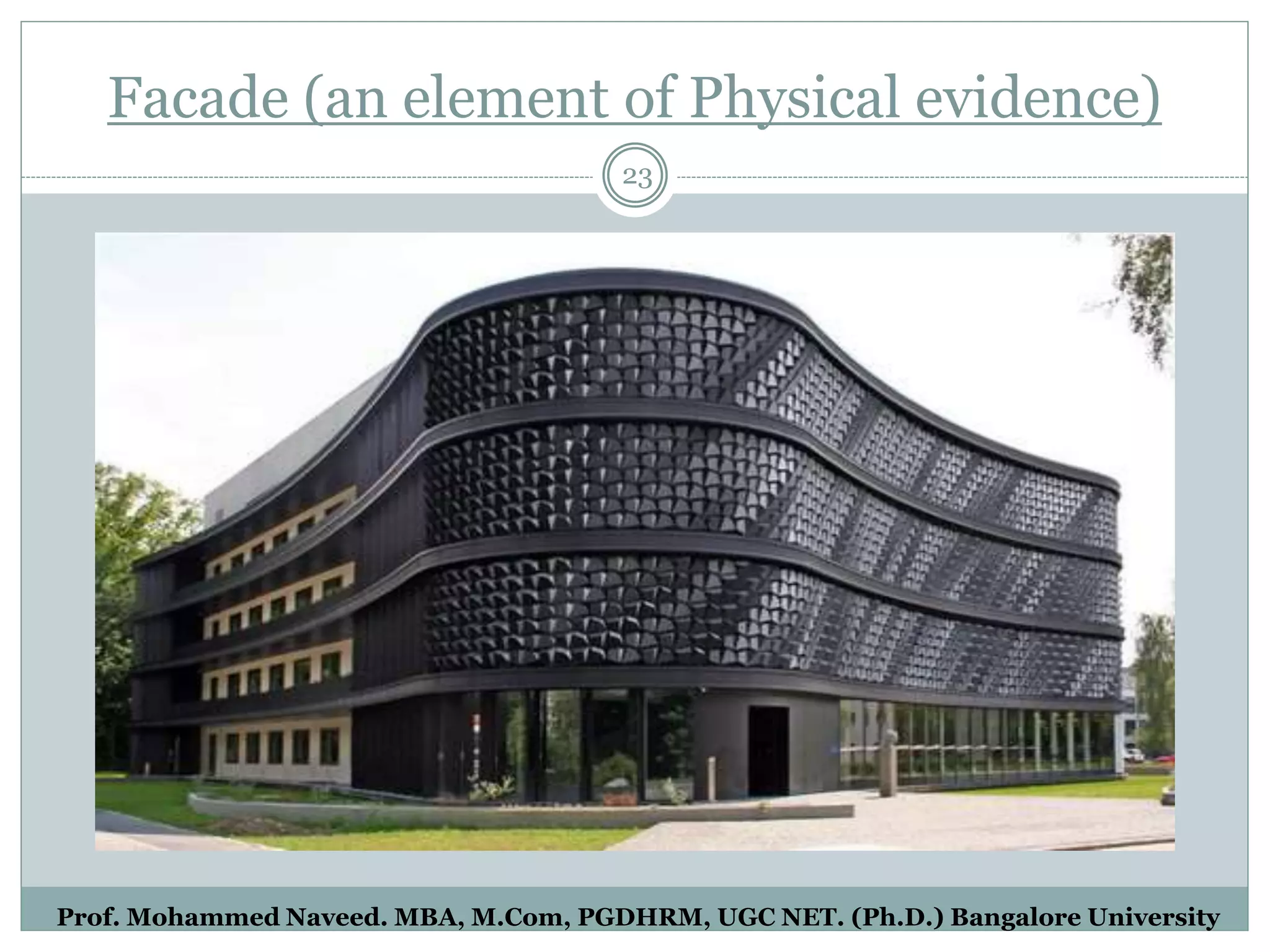 Facade (an element of Physical evidence)
23
Prof. Mohammed Naveed. MBA, M.Com, PGDHRM, UGC NET. (Ph.D.) Bangalore University
 