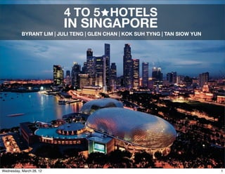 4 TO 5 HOTELS

IN SINGAPORE
BYRANT LIM | JULI TENG | GLEN CHAN | KOK SUH TYNG | TAN SIOW YUN

Wednesday, March 28, 12

1

 