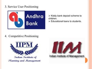 3. Service User Positioning
4. Competitive Positioning
 Kiddy bank deposit scheme to
children.
 Educational loans to stu...
