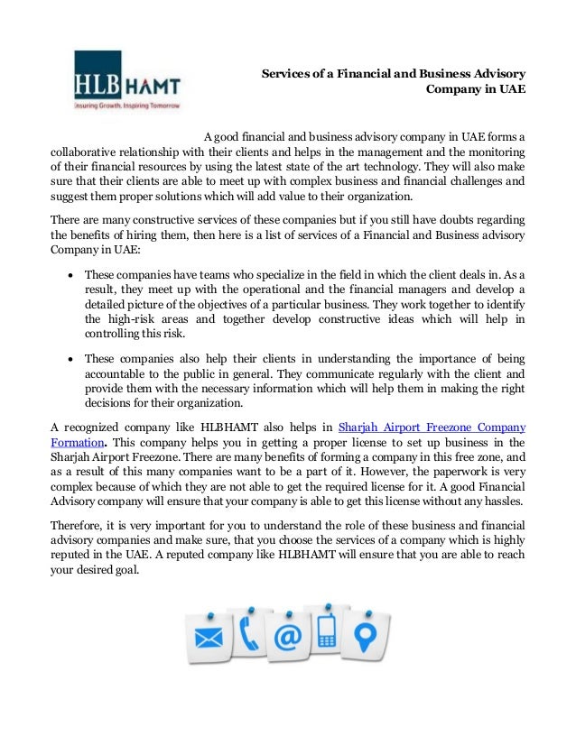 Services of a financial and business advisory company in UAE