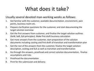 What does it take?
Usually several devoted man-working weeks as follows:
1.   Get familiar with the customer, available documentation, environment, pain
     points, business realm etc.
2.   Prepare clarification questions for the customer, and start documenting the
     target solution overview
3.   Get the first answers from customer, and finalise the target solution outlines
     (SoW, SoR, SLA principles). Make first draft business calculation
4.   Get more answers from the customer, start preparation of the solution
     documents including costing and first draft of transition and transformation plan
5.   Get the rest of the answers from the customer, finalise the target solution
     description, costing and SLA as well as transition and transformation
6.   Go through the answers, proofread and correct solution documentation, finalise
     assumptions and risks
7.   Proofread the documentation
8.   Print for the submission and delivery
 