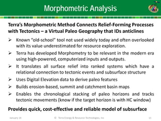 Morphometric Analysis 
Terra’s Morphometric Method Connects Relief-Forming Processes with Tectonics – a Virtual Paleo Geography that IDs anticlines 
 
Known “old-school” tool not used widely today and often overlooked with its value underestimated for resource exploration. 
 
Terra has developed Morphometry to be relevant in the modern era using high-powered, computerized inputs and outputs. 
 
It translates all surface relief into ranked systems which have a relational connection to tectonic events and subsurface structure 
 
Uses Digital Elevation data to derive paleo features 
 
Builds erosion-based, summit and catchment basin maps 
 
Enables the chronological stacking of paleo horizons and tracks tectonic movements (know if the target horizon is with HC window) Provides quick, cost-effective and reliable model of subsurface January 14 © Terra Energy & Resource Technologies, Inc 11 
 