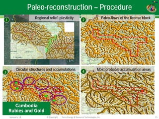 Paleo-reconstruction – Procedure 
15 
© Copyright Terra Energy & Resource Technologies, Inc. 
1 
2 
3 
4 
Regional relief plasticity 
Paleo-flows of the license block 
Circular structures and accumulations 
Most probable accumulation areas 
Cambodia 
Rubies and Gold January 14 
 