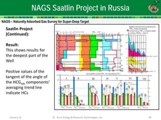 NAGS Saatlin Project in Russia 
January 14 
© Terra Energy & Resource Technologies, Inc 
36 
Saatlin Project 
(Continued): 
Result: 
This shows results for 
the deepest part of the 
Well 
Positive values of the 
tangent of the angle of 
the HCGads components’ 
averaging trend line 
indicate HCs  