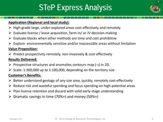 January 14 © Terra Energy & Resource Technologies, Inc 6 
Application (Regional and local study): 
 
High-grade large, under-explored areas cost-effectively and remotely 
 
Evaluate license / lease acquisition, farm-in/ or JV decision-making 
 
Evaluate blocks when other methods are time and cost prohibitive 
 
Explore environmentally sensitive and/or inaccessible areas without limitation Value Proposition: 
 
Predict prospectivity remotely, non-invasively & cost-effectively Results Delivered: 
 
Prospective structures and anomalies contours map (-s) in 2D. 
 
Scale: 1:300,000 up to 1:100,000, depending on the territory size Customer’s Benefits: 
 
Better understand geology of any size area, quickly, remotely cost-effectively 
 
Reduce risk and wasteful spending and focus spending on high-potential areas 
 
Plan license retention and discard with solid early-stage understanding 
 
Dramatic savings in time (70%+) and money (50%+) 
STeP Express Analysis  