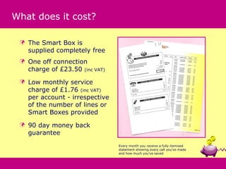 What does it cost?

    The Smart Box is
     supplied completely free
    One off connection
     charge of £23.50 (inc VAT)
    Low monthly service
     charge of £1.76 (inc VAT)
     per account - irrespective
     of the number of lines or
     Smart Boxes provided
    90 day money back
     guarantee
                                  Every month you receive a fully itemised
                                  statement showing every call you’ve made
                                  and how much you’ve saved
 