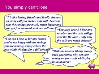 You simply can’t lose

 “It’s like having friends and family discount
 on every call you make - only with Telecom
 plus the savings are much, much bigger and
 you get free national weekend calls too” “You keep your BT line and
                                        number and the calls still go
                                        over the BT lines - only now
“You can’t lose. If for any reason
                                        the calls are much cheaper”
you’re not happy with the savings
you are making simply return the
box within 90 days for a full refund” “With the no-risk 90-day money
                                      back guarantee, why not save
                                      money on your calls while you
                                      think about it”
 