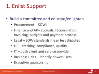 11© 2014 PeopleFluent | Confidential Services Procurement
• Build a committee and educate/enlighten
• Procurement – SOWs
• Finance and AP– accruals, reconciliation,
invoicing, budgets and payment process
• Legal – SOW standards mean less disputes
• HR – tracking, compliance, quality
• IT – both client and service provider
• Business units – identify power users
• Executive sponsorship
1. Enlist Support
 