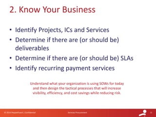 12© 2014 PeopleFluent | Confidential Services Procurement
2. Know Your Business
Understand what your organization is using SOWs for today
and then design the tactical processes that will increase
visibility, efficiency, and cost savings while reducing risk.
• Identify Projects, ICs and Services
• Determine if there are (or should be)
deliverables
• Determine if there are (or should be) SLAs
• Identify recurring payment services
 