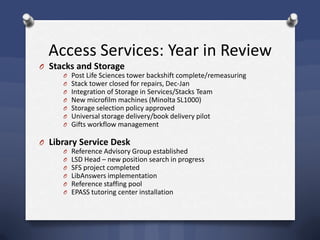 Access Services: Year in Review
O Stacks and Storage
O Post Life Sciences tower backshift complete/remeasuring
O Stack tower closed for repairs, Dec-Jan
O Integration of Storage in Services/Stacks Team
O New microfilm machines (Minolta SL1000)
O Storage selection policy approved
O Universal storage delivery/book delivery pilot
O Gifts workflow management
O Library Service Desk
O Reference Advisory Group established
O LSD Head – new position search in progress
O SFS project completed
O LibAnswers implementation
O Reference staffing pool
O EPASS tutoring center installation
 