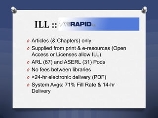 ILL ::
O Articles (& Chapters) only
O Supplied from print & e-resources (Open
Access or Licenses allow ILL)
O ARL (67) and ASERL (31) Pods
O No fees between libraries
O <24-hr electronic delivery (PDF)
O System Avgs: 71% Fill Rate & 14-hr
Delivery
 