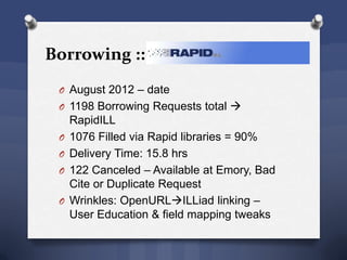 Borrowing ::
O August 2012 – date
O 1198 Borrowing Requests total 
RapidILL
O 1076 Filled via Rapid libraries = 90%
O Delivery Time: 15.8 hrs
O 122 Canceled – Available at Emory, Bad
Cite or Duplicate Request
O Wrinkles: OpenURLILLiad linking –
User Education & field mapping tweaks
 