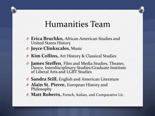Humanities Team
O Erica Bruchko, African American Studies and
United States History
O Joyce Clinkscales, Music
O Kim Collins, Art History & Classical Studies
O James Steffen, Film and Media Studies, Theater,
Dance, Interdisciplinary Studies/Graduate Institute
of Liberal Arts and LGBT Studies
O Sandra Still, English and American Literature
O Alain St. Pierre, European History and
Philosophy
O Matt Roberts, French, Italian, and Comparative Lit.
 