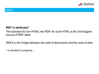 RDFaRDF in attributes*The standard to turn HTML into RDF. As such HTML is the 2nd biggest source of RDF data! RDFa is the bridge between the web of documents and the web of data.* a standard in progress...