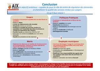 Usagers
• Conforter et accentuer la qualité de la vie des Aixois au
quotidien
•Meilleurs délais
•Limiter les déplacements (dév durable)
•Simplicité d’accès aux services
• Améliorer la qualité des services rendus à la
population sur l’ensemble des sites en prenant en
compte les aspirations des citoyens
•Facilité l’accès aux démarches 24h/24 et 7j/7
•Diminution du nombre de contacts pour une même
demande
Politiques Publiques
• Contribuer à l’attractivité de la Ville et de son
territoire
•Meilleure visibilité de la mairie
•Satisfaction des électeurs
•Meilleure connaissance des échanges avec les
usagers
•Image de modernité et d’efficacité
•Développement durable
Un objectif ambitieux – capable de jouer le rôle de centre de régulation des demandes
et d’améliorer la qualité des services rendus aux usagers
Ce qu’il faut retenir !
Conclusion
10
Du gagnant – gagnant, pour chaque acteur - Accompagner le citoyen et les familles durant tout le parcours administratif,
l’usager par exemple pourra initialiser une demande de son domicile, se rendre au guichet pour la compléter et la valider
formellement, deux jours plus tard, sur son smartphone.
demande
•Qualité des prestations et des réponses
Mairie
• Optimiser les dépenses et recettes de fonctionnement
et d’investissement, maîtriser la masse salariale au
regard des priorités municipales
•Meilleur pilotage d’activité et indicateurs fiables
•Meilleure réactivité
•Gain d’efficacité et de productivité des services en
dématérialisant les processus internes
•Diminution de la ré-entrance et des demandes
d’information
Employés municipaux
• Inscrire et développer l’usage du numérique dans
nos pratiques professionnelles mais aussi dans
l’offre aux habitants.
•Confort de travail des agents
•Amélioration des connaissances et développement
de l’autonomie
• Réaffirmer l’éco-responsabilité des agents dans
leur pratique mais aussi dans les services à la
population
•Meilleure valorisation des tâches d’accueil
 