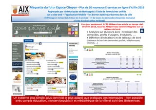 Maquette du futur Espace Citoyen - Plus de 30 nouveaux E-services en ligne d’ici fin 2016
Regroupés par thématiques et développés à l’aide de formulaires unifiés
sur le site web – l’application Mobile – les bornes tactiles présentes dans la ville
Et Pilotage en temps réel de tous les E-services – Et de toutes les demandes citoyennes muticanal
à l’aide d’un back office INTRANET
À ce jour seulement 8/20 téléservices suivis en temps réel.
D’ici fin 2015, tous les téléservices seront intégrées sur ce
tableau de bord.
• Analyses sur plusieurs axes : typologie des
demandes, profils d’usagers, évolutions, ….
• Définition d’indicateurs et de tableaux de bord
(tableaux de bord des demandes guichet, téléphoniques,
internet, …)
6
Un système plus simple, plus convivial et plus adapté aux pratiques des internautes – lien possible
avec compte éducation, monservicepublic.fr et médiathèque de la ville et suivi des téléservices.
 