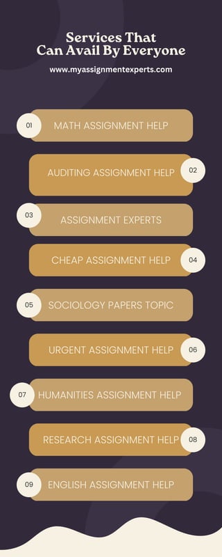 MATH ASSIGNMENT HELP
SOCIOLOGY PAPERS TOPIC
ASSIGNMENT EXPERTS
HUMANITIES ASSIGNMENT HELP
AUDITING ASSIGNMENT HELP
URGENT ASSIGNMENT HELP
CHEAP ASSIGNMENT HELP
RESEARCH ASSIGNMENT HELP
ENGLISH ASSIGNMENT HELP
01
03
05
07
09
02
04
06
08
Services That
Can Avail By Everyone
www.myassignmentexperts.com
 