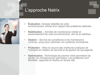 L’approche Natrix
• Évaluation– Analyse détaillée de votre
environnement, remise d'un rapport des problèmes détectés.
• Stabilisation – Activités de maintenance initiale et
assainissement de votre environnement afin de le stabiliser .
• Gestion – Service de surveillance et de maintenance
continue, conçu pour optimiser vos systèmes d'entreprise
• Protection – Mise en oeuvre des meilleures pratiques de
l’industrie en matière de sécurité et de gestion de sauvegarde.
• Optimisation - Technologie de premier ordre permettant de
garder vos infrastructures optimisées. Les problèmes sont
identifiés, rapportés et résolus en temps réel.
 