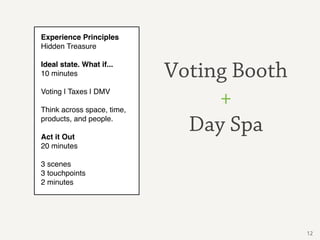 Experience Principles
Hidden Treasure

Ideal state. What if...
10 minutes                  Voting Booth
Voting | Taxes | DMV

Think across space, time,
                                 +
products, and people.

Act it Out
                              Day Spa
20 minutes

3 scenes
3 touchpoints
2 minutes




                                           12
 