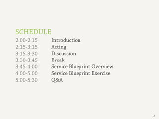SCHEDULE
2:00-2:15   Introduction
2:15-3:15   Acting
3:15-3:30   Discussion
3:30-3:45   Break
3:45-4:00   Service Blueprint Overview
4:00-5:00   Service Blueprint Exercise
5:00-5:30   Q&A




                                         2
 