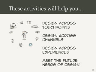 ese activities will help you...

              Design across
              touchpoints

              Design across
              channels

              Design across
              experiences

              meet the future
              needs of design
                                   40
 