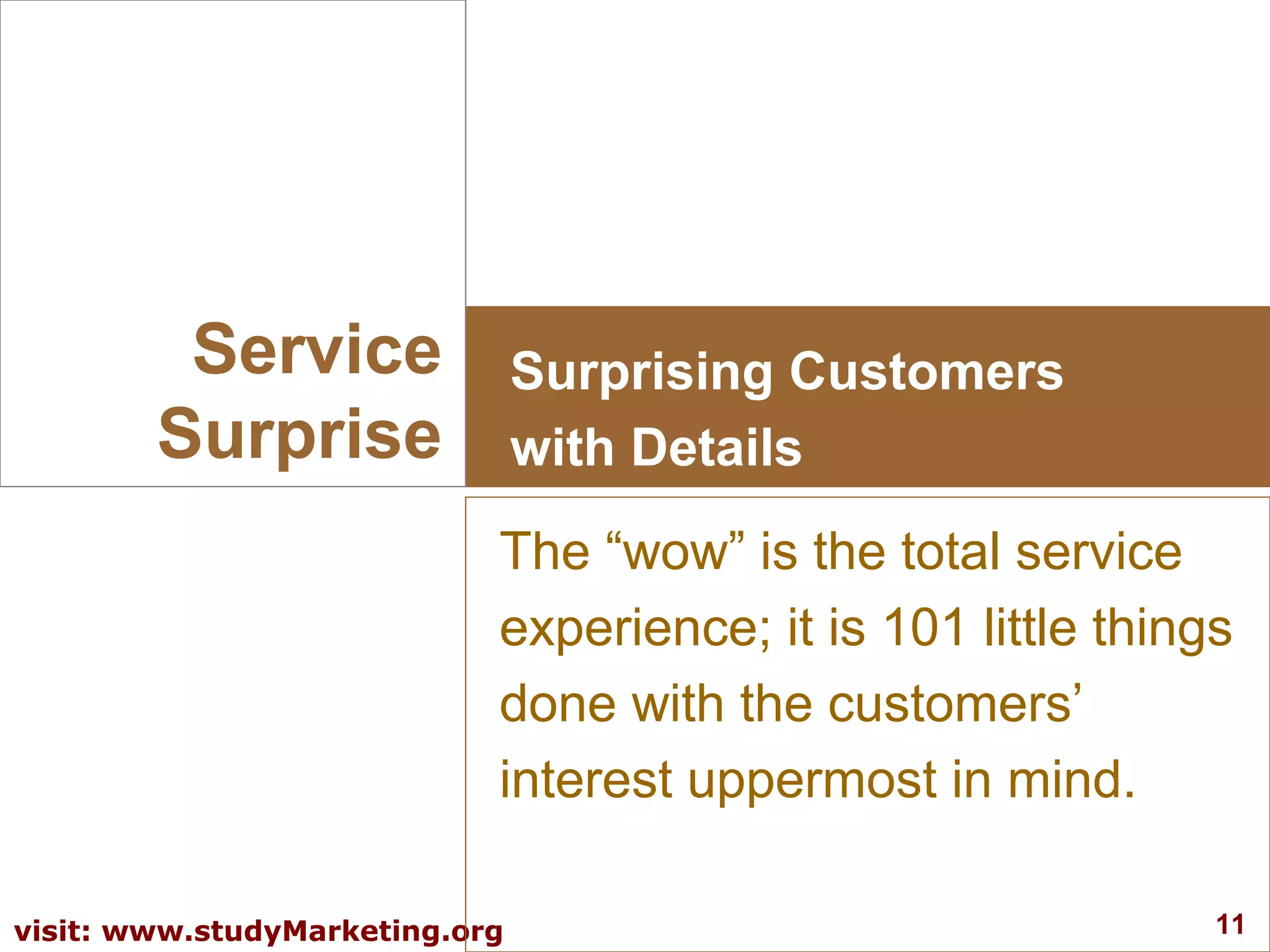 11visit: www.studyMarketing.org
Service
Surprise
Surprising Customers
with Details
The “wow” is the total service
experience; it is 101 little things
done with the customers’
interest uppermost in mind.
 