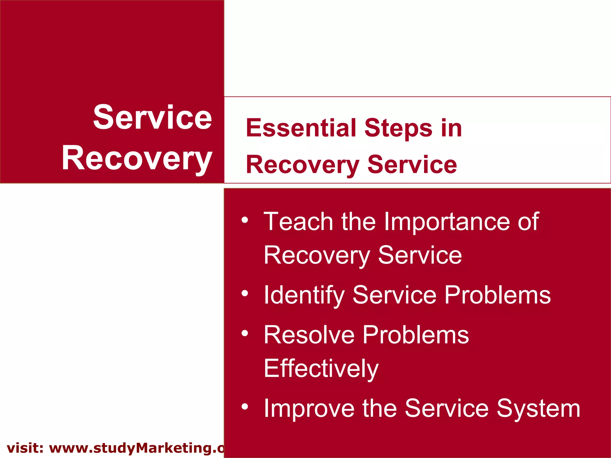 15visit: www.studyMarketing.org
Service
Recovery
Essential Steps in
Recovery Service
• Teach the Importance of
Recovery Service
• Identify Service Problems
• Resolve Problems
Effectively
• Improve the Service System
 