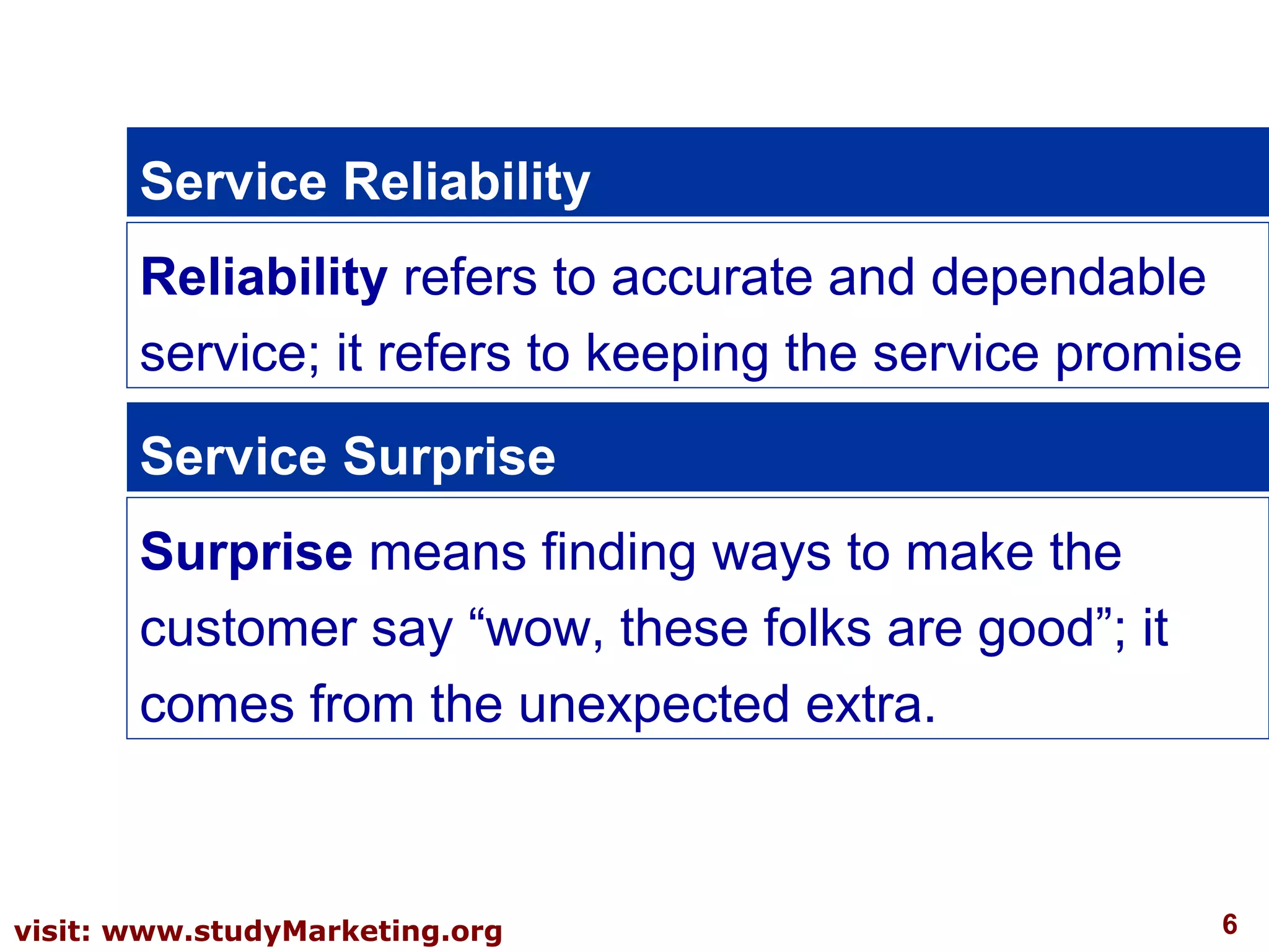 6visit: www.studyMarketing.org
Service Reliability
Reliability refers to accurate and dependable
service; it refers to keeping the service promise
Service Surprise
Surprise means finding ways to make the
customer say “wow, these folks are good”; it
comes from the unexpected extra.
 