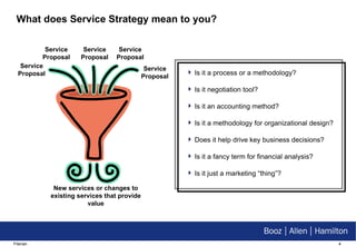 What does Service Strategy mean to you? Is it a process or a methodology? Is it negotiation tool? Is it an accounting method? Is it a methodology for organizational design? Does it help drive key business decisions? Is it a fancy term for financial analysis? Is it just a marketing “thing”? Service Proposal Service Proposal Service Proposal Service Proposal Service Proposal New services or changes to existing services that provide value 
