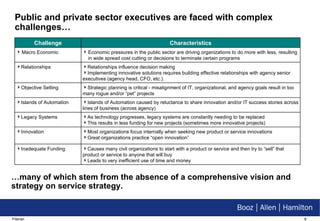 Public and private sector executives are faced with complex challenges… … many of which stem from the absence of a comprehensive vision and strategy on service strategy. Most organizations focus internally when seeking new product or service innovations  Great organizations practice “open innovation” Innovation Strategic planning is critical - misalignment of IT, organizational, and agency goals result in too many rogue and/or “pet” projects Objective Setting Islands of Automation caused by reluctance to share innovation and/or IT success stories across lines of business (across agency) Islands of Automation As technology progresses, legacy systems are constantly needing to be replaced  This results in less funding for new projects (sometimes more innovative projects) Legacy Systems Relationships influence decision making Implementing innovative solutions requires building effective relationships with agency senior executives (agency head, CFO, etc.). Relationships Causes many civil organizations to start with a product or service and then try to “sell” that product or service to anyone that will buy  Leads to very inefficient use of time and money  Inadequate Funding Economic pressures in the public sector are driving organizations to do more with less, resulting in wide spread cost cutting or decisions to terminate certain programs Characteristics Macro Economic Challenge 