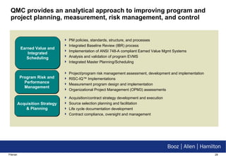 QMC provides an analytical approach to improving  program and project planning, measurement, risk management, and control Earned Value and Integrated Scheduling ,[object Object],[object Object],[object Object],[object Object],[object Object],[object Object],[object Object],[object Object],[object Object],Program Risk and Performance Management Acquisition Strategy & Planning ,[object Object],[object Object],[object Object],[object Object]