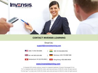 38
CONTACT INVENSIS LEARNING
Email Us:
© Copyright 2018 Invensis Learning. Invensis®
is a registered trademark of Invensis Technologies Pvt Ltd.
ITIL® is a registered trade mark of AXELOS Limited, used under permission of AXELOS Limited. All rights reserved.
The Swirl logo™ is a trade mark of AXELOS Limited, used under permission of AXELOS Limited. All rights reserved.
www.invensislearning.com
support@invensislearning.com
USA +1-910-726-3695 | IND +91-96-2020-0784
UK +44 2033-223-280 | Germany +49 2119-5987-989
Switzerland +41-22-518-2042 | Hong Kong +852-5803-9039
 