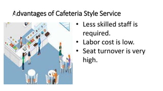 Advantages of Cafeteria Style Service
• Less skilled staff is
required.
• Labor cost is low.
• Seat turnover is very
high.
 