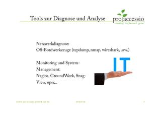 Tools zur Diagnose und Analyse



                    Netzwerkdiagnose:
                    OS-Bordwerkzeuge (tcpdump, nmap, wireshark, usw.)


                    Monitoring und System-
                    Management:
                    Nagios, GroundWork, Snag-
                    View, opsi,..



© 2010, pro accessio GmbH & CO. KG      2010-07-30                      17
 